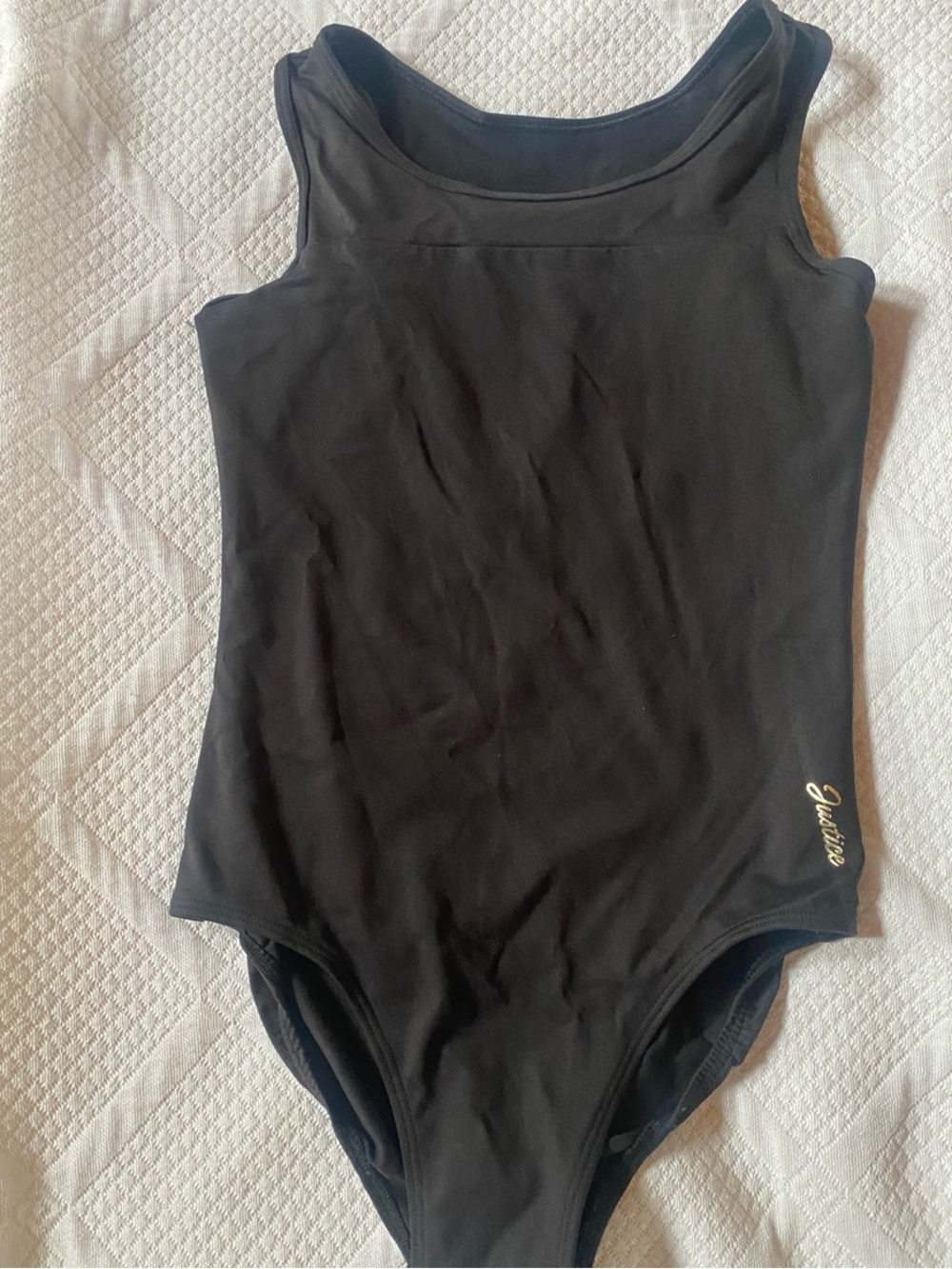 Justice Black One-Piece Girls Dance Bodysuit with Gold Logo